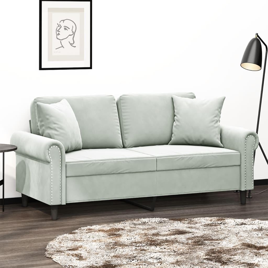 vidaXL Modern 2-Seater Sofa with Throw Pillows - Luxurious Velvet Upholstery, Light Gray - Sturdy Metal Frame - Comfort Enhanced Seating