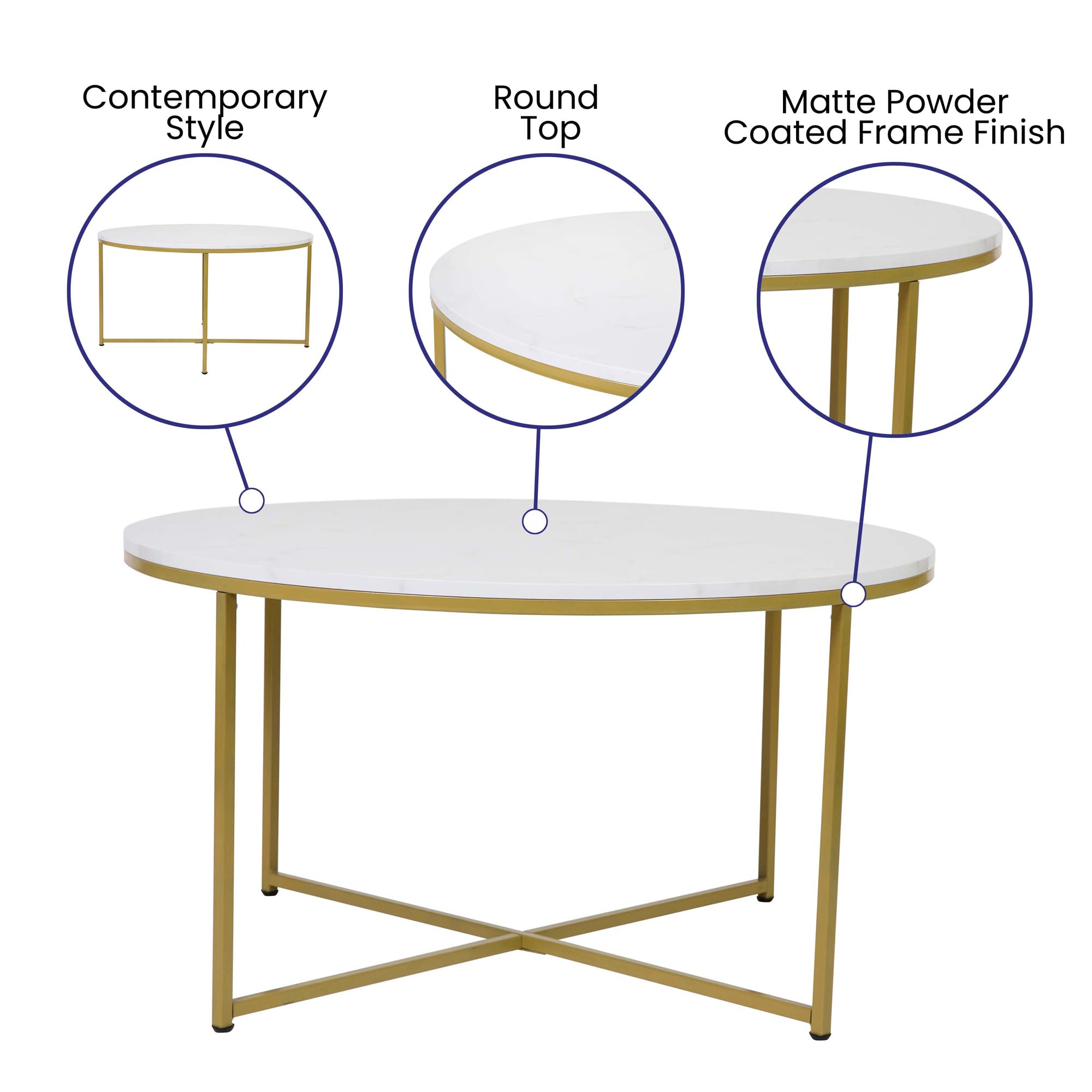 Flash Furniture Hampstead Collection Coffee and End Table Set - White Marbled Laminate Top & Matte Gold Crisscross Frame - 3 Piece Occasional Table Set