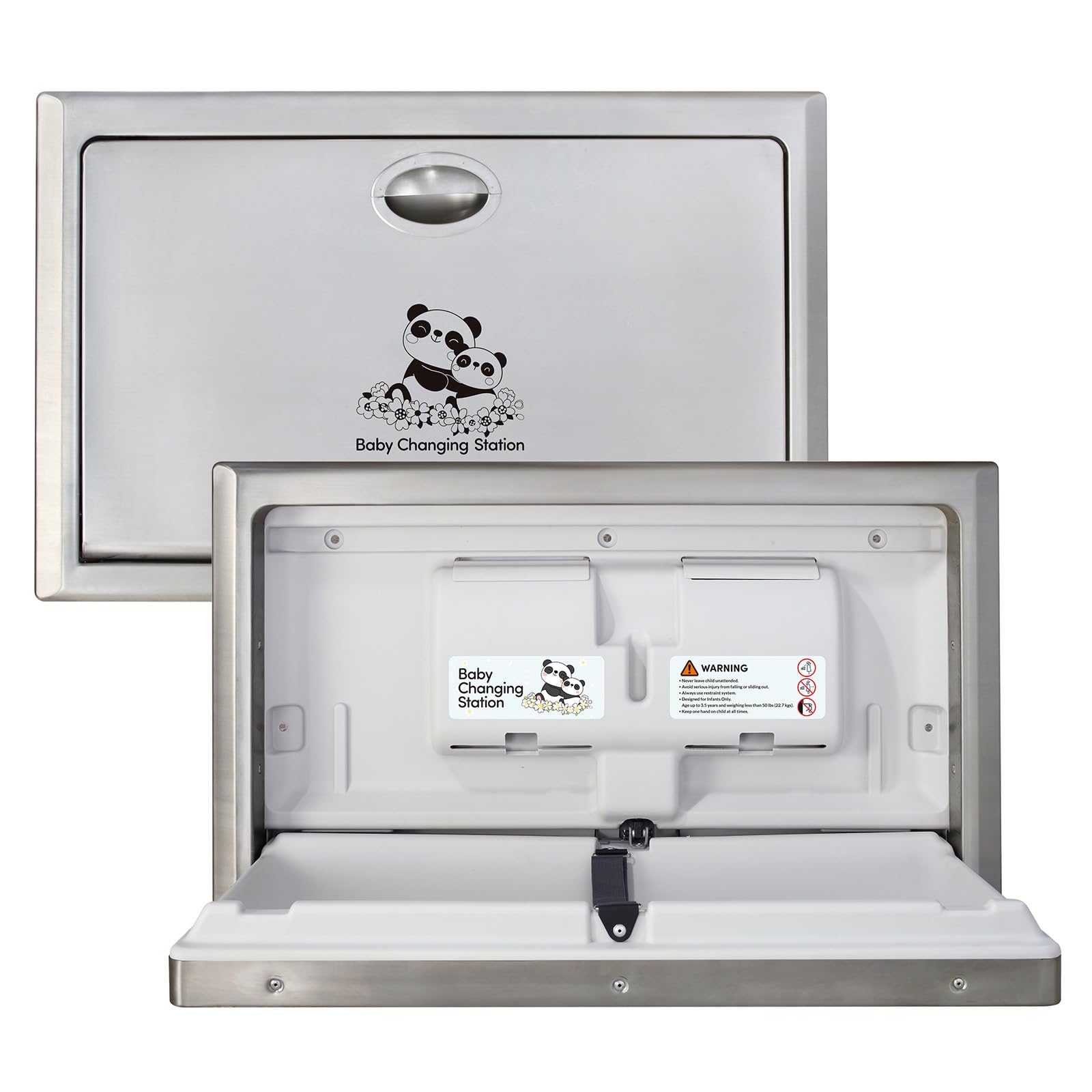 Stardrix Panda Care Stainless Steel Recessed Mounted Baby Changing Station, Heavy Duty Foldable Diaper Changing Table with Liner