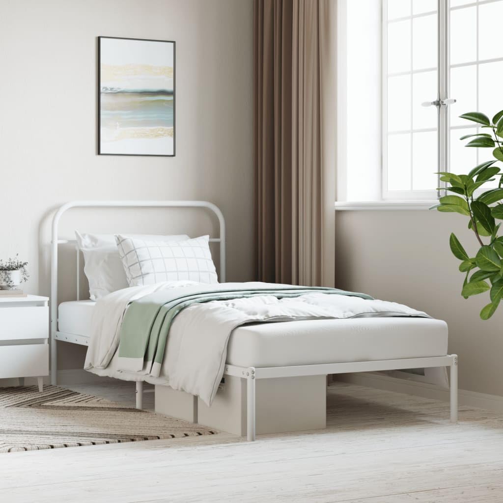 vidaXL 12 Inch Twin XL Metal Bed Frame with Headboard, No Box Spring Needed, Noise Free Platform Bed Frame with Steel Slats, Easy Assembly, Under Bed Storage, Minimalist, White