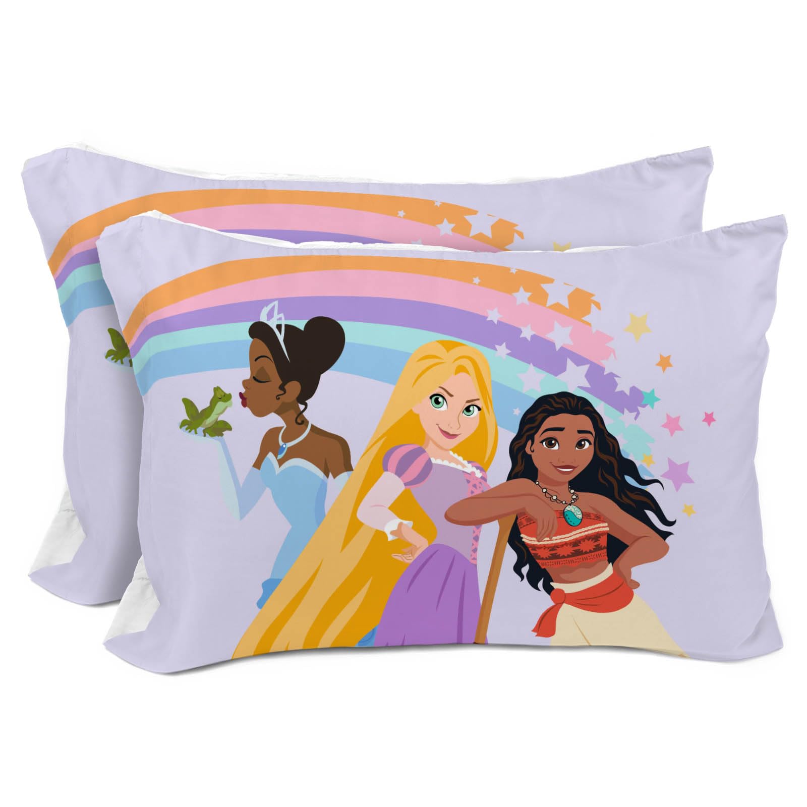 Sunny Side Up Disney Princess 2 Pack Reversible Pillowcases - Double Sided Pillow Covers Features Moana, Belle & Rapunzel, Kids