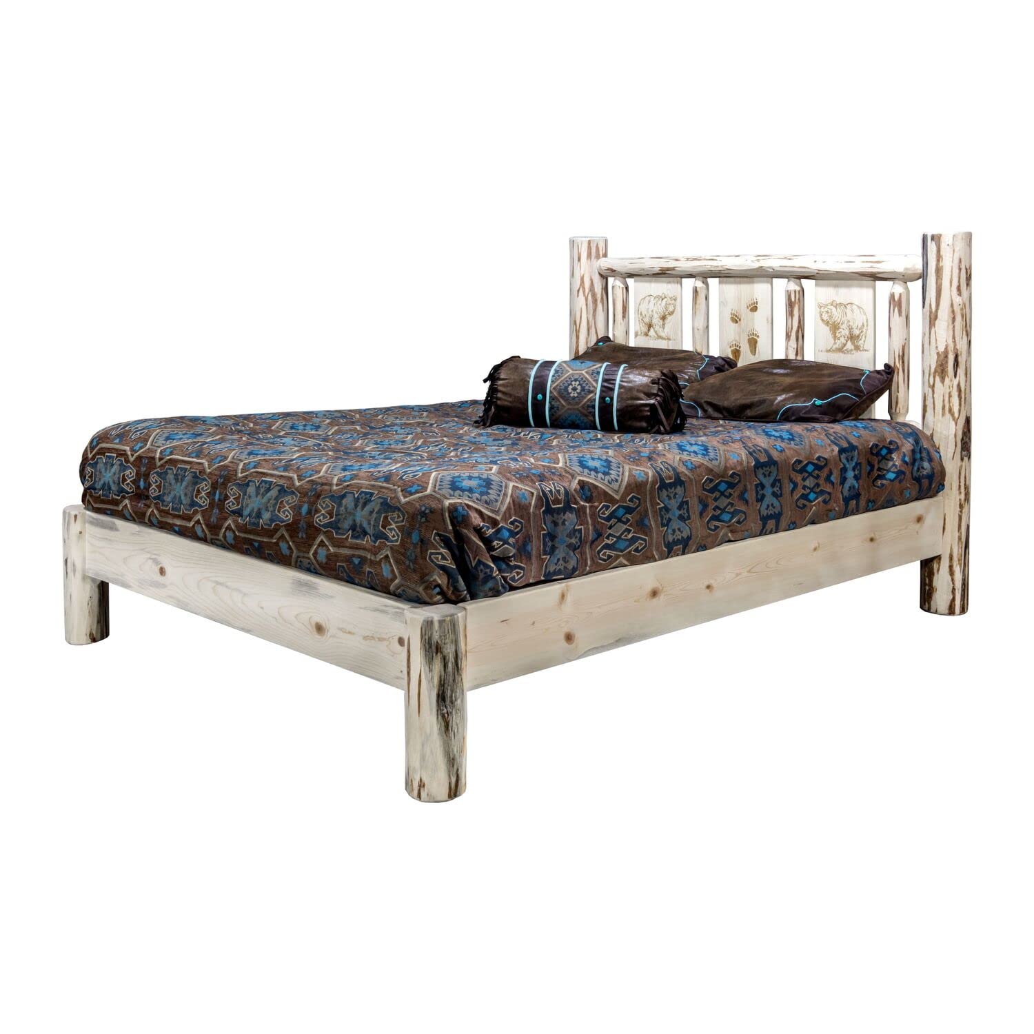 Montana Collection King Platform Bed w/Laser Engraved Pine Tree Design, Clear Lacquer Finish