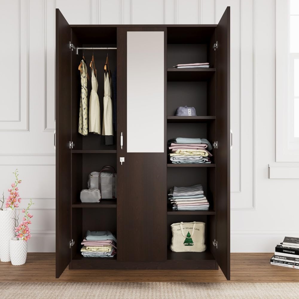 Nilkamal Willy Neo 3 Door Wooden Wardrobe With Mirror For Bedroom | Almirah With 1 Hanging Rod, 8 Shelves | Clothes Cupboard | E