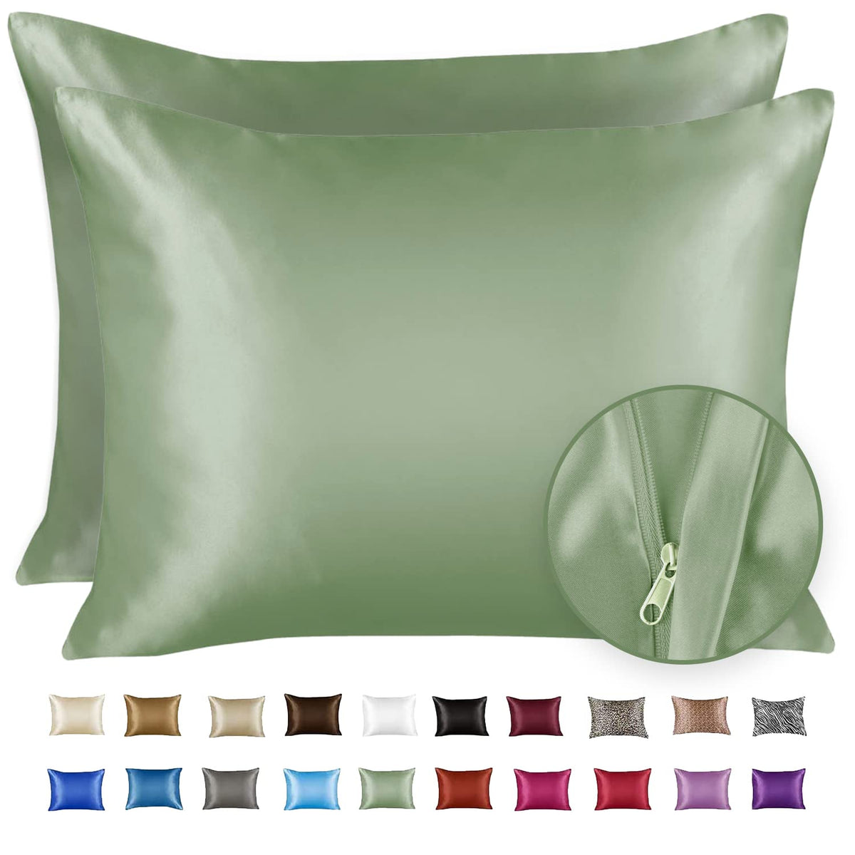 Shopbedding Luxury Satin Pillowcase For Hair - King Satin Pillowcase With Zipper, Sage (Pillowcase Set Of 2) - Blissford