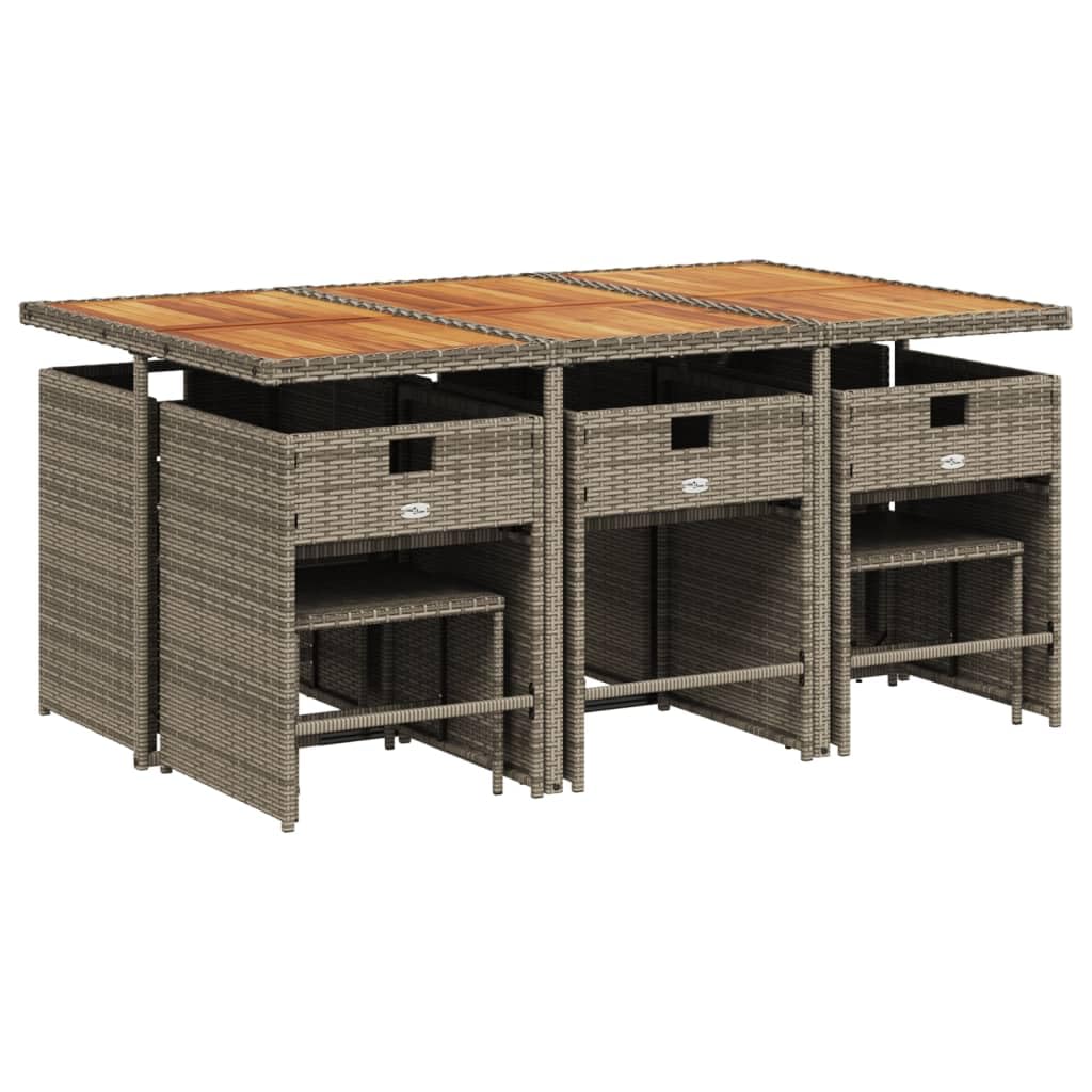 vidaXL 11-Piece Patio Dining Set with Cushions - Gray Poly Rattan/Acacia Wood, Weather-Resistant Outdoor Furniture for Garden, Backyard, Patio