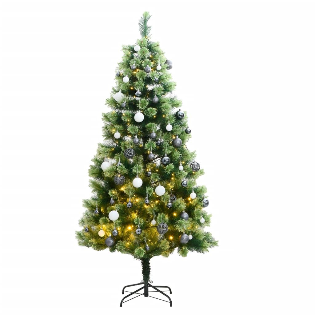 vidaXL Artificial Hinged Christmas Tree with LED Lights and Ball Set - Green and White, Sturdy Stand, 70.9&quot; Height'