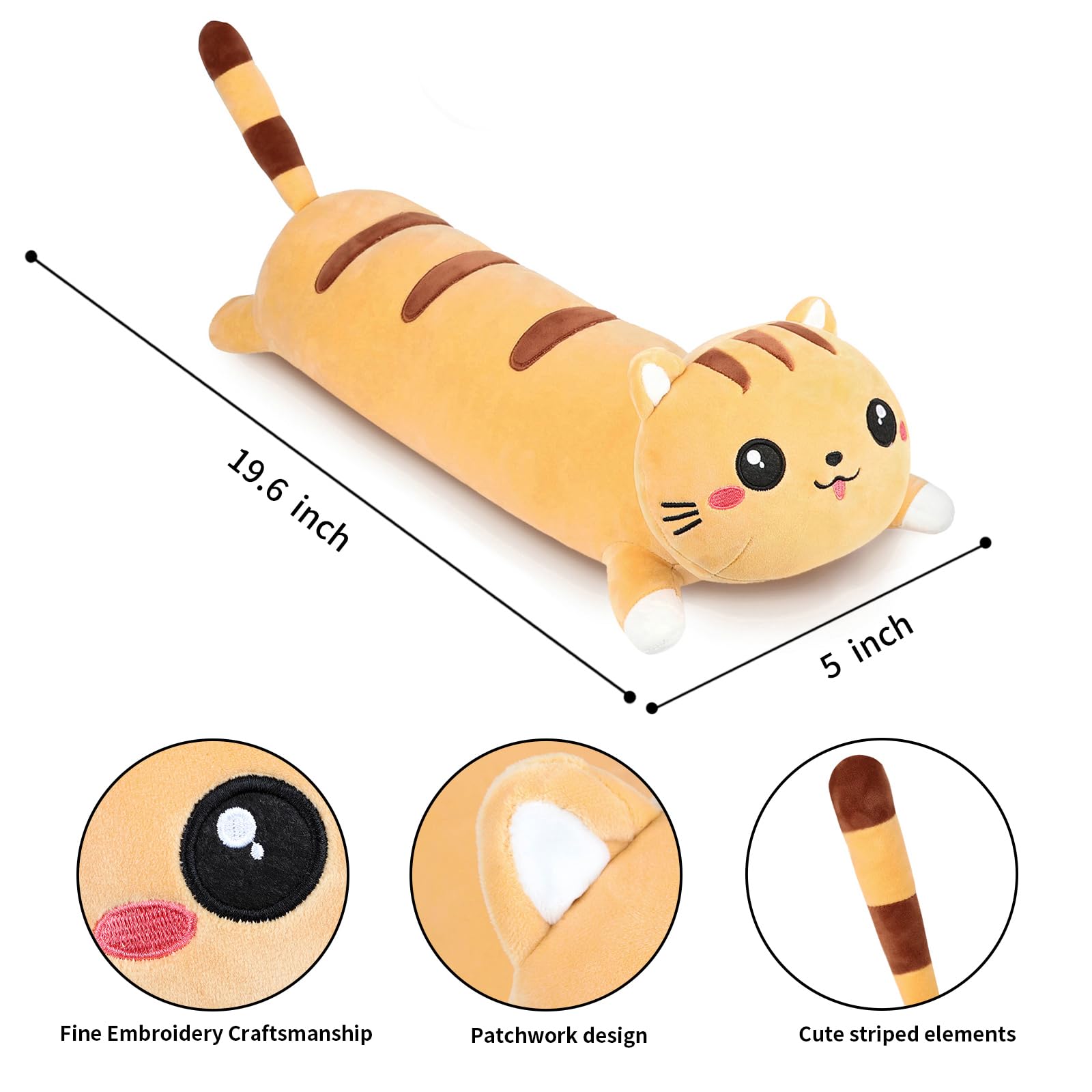 Afan Cute Long Cat Plush Kawaii 19.6' Body Pillow Cat Stuffed Animals Soft Plushies Cuddly Cotton Kitten Sleeping Pillow Stuffe