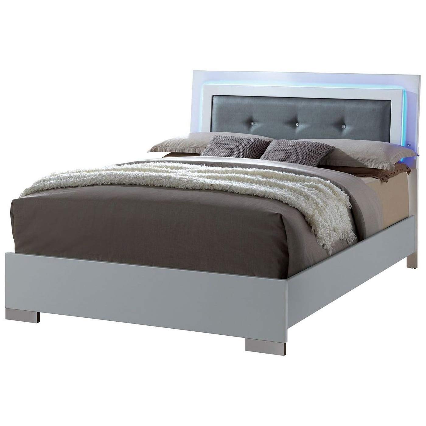 Benjara Wooden Queen Bed With Leatherette Headboard And Led Trim, White
