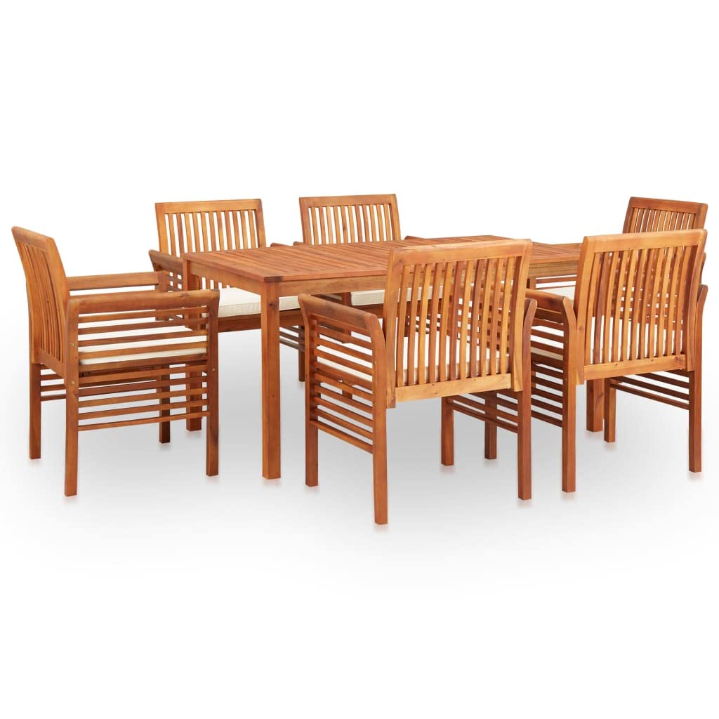 vidaXL Solid Acacia Wood 7 Piece Patio Dining Set with Cream White Cushions Garden Terrace Dinner Table Chairs Backyard Courtyard Porch Poolside Home