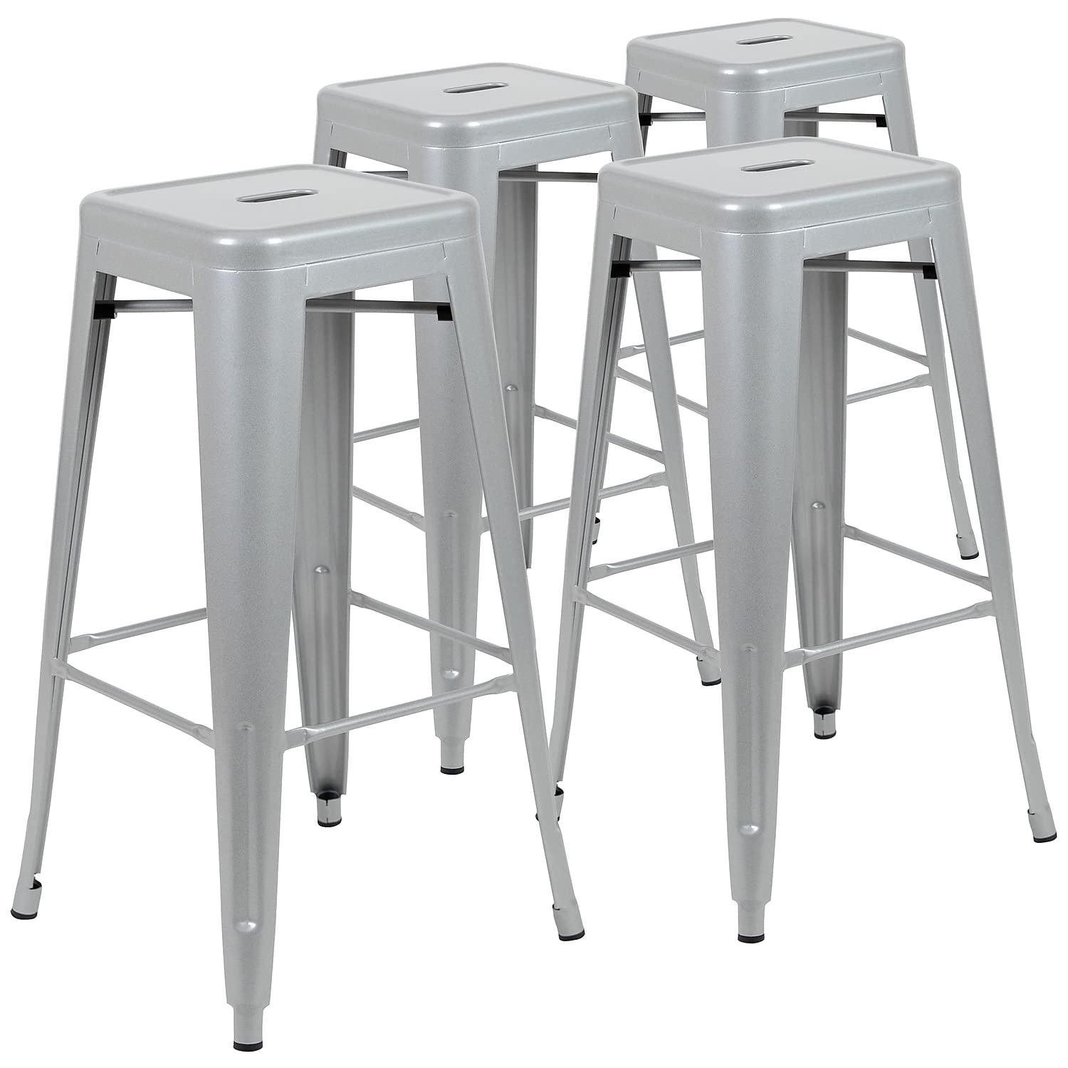 30 High Metal Indoor Bar Stool in Silver - Stackable Set of 4