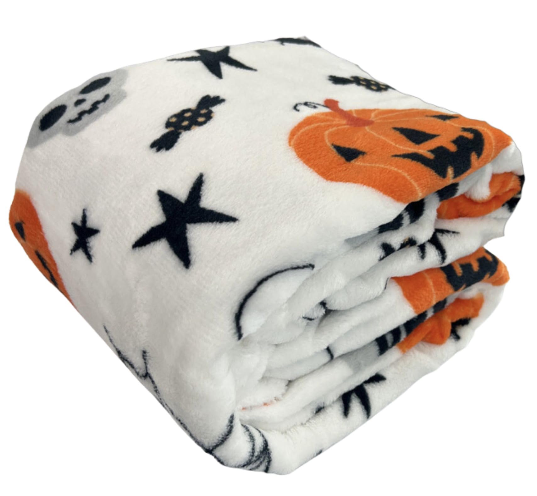 Serafina Home Halloween Blanket Throw: Fuzzy Boo! Jack O'Lantern Spider Webs Skull And Black Cats Print On Velvet Fleece For Sof