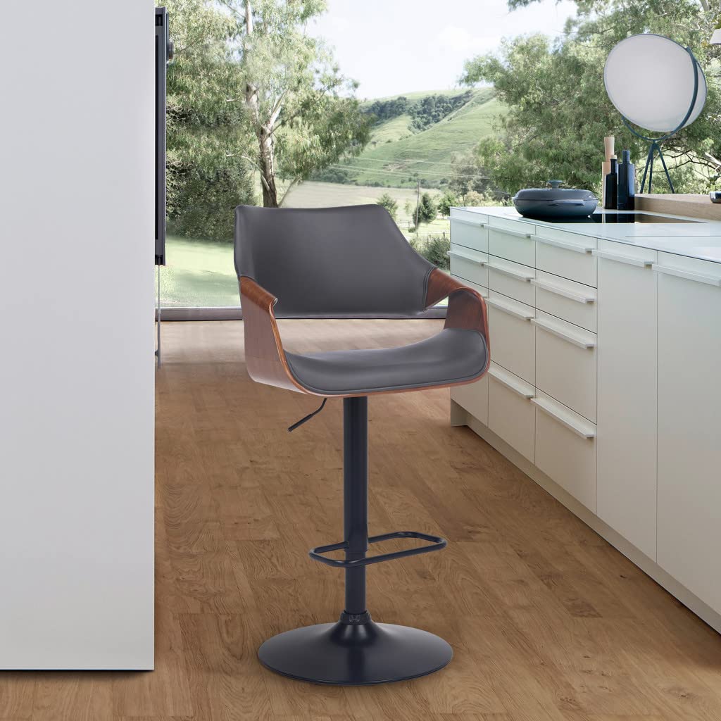 HomeRoots Gray Wood, Metal, Foam Faux Leather Grey Faux Leather Walnut Wood and Black Swivel Adjustable Bar Stool