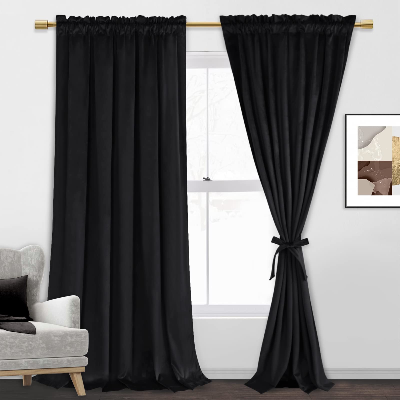 Jiuzhen Black Velvet Curtains For Living Room -108 Inches Long Rod Pocket Thermal Insualted Room Darkening Window Drapes For Bed