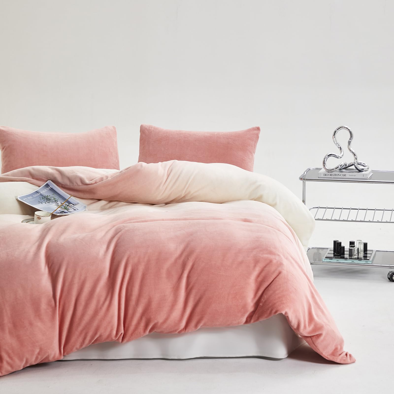 Karever Pink White Gradient Comforter Set King Pink Velvet Bedding Comforter Modern Plain White And Pink Gradient Soft Quilt Far