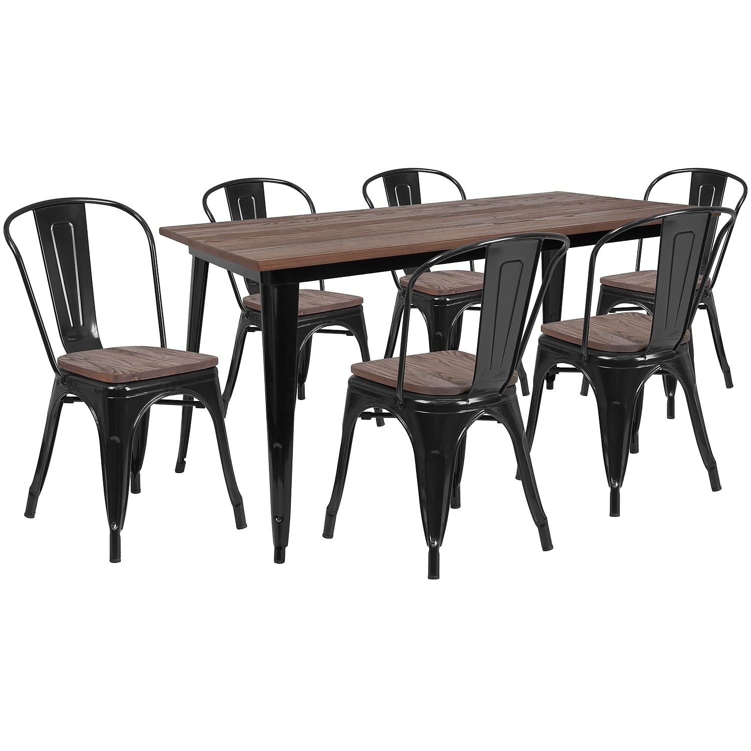 Flash Furniture 30.25 x 60 Metal Table Set with Wood Top and 6 Stack Chairs, Black