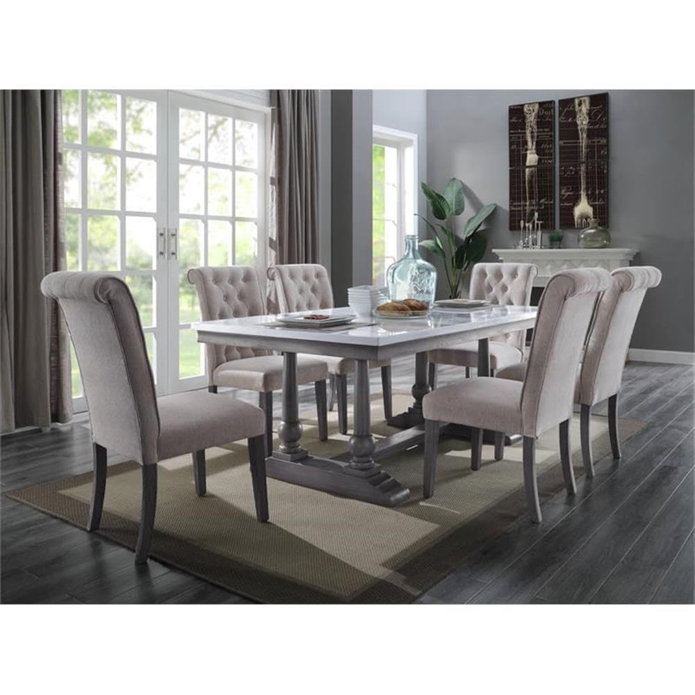 Acme Yabeina Linen Fabric Upholstery Side Chair in Beige and Gray Set of 2