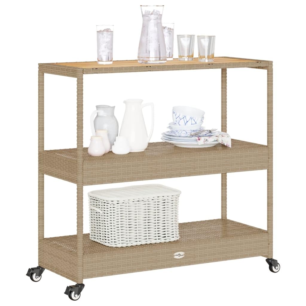 vidaXL 3-Tier Bar Cart - Beige/Brown Poly Rattan & Acacia Wood, Rolling Serving Trolley for Indoor/Outdoor Use - 39.8&quot; x 15.7&quot; x 39.4&quot;