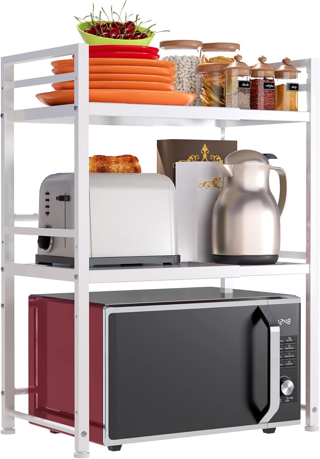 DOLALIKE Microwave Oven Rack, Expandable Microwave Stand Kitchen Countertop Organizer Utensils Storage, Carbon Steel Over Microw