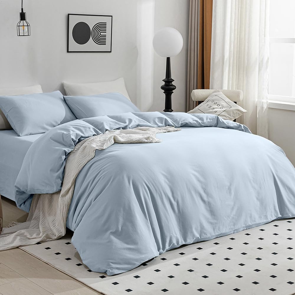 Jellymoni Light Blue Duvet Cover King Size - 100% Washed Cotton Linen Like Textured Comforter Cover, 3 Pieces Breathable Soft Be