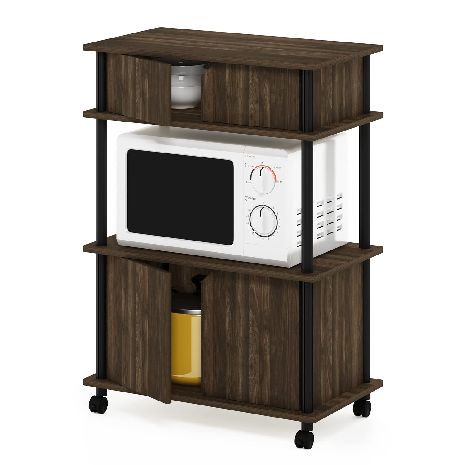 Furinno Turn-N-Tube Kitchen Storage Cart with Cabinet and Lockable Wheels, Columbia Walnut/Black