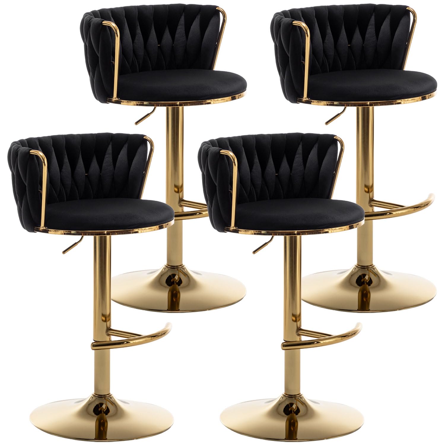 Riknuxi Woven Bar Stools Set of 4, Counter Height Bar Stools with Low Back, Gold Swivel Bar Stools for Kitchen Island, Bar Pub (