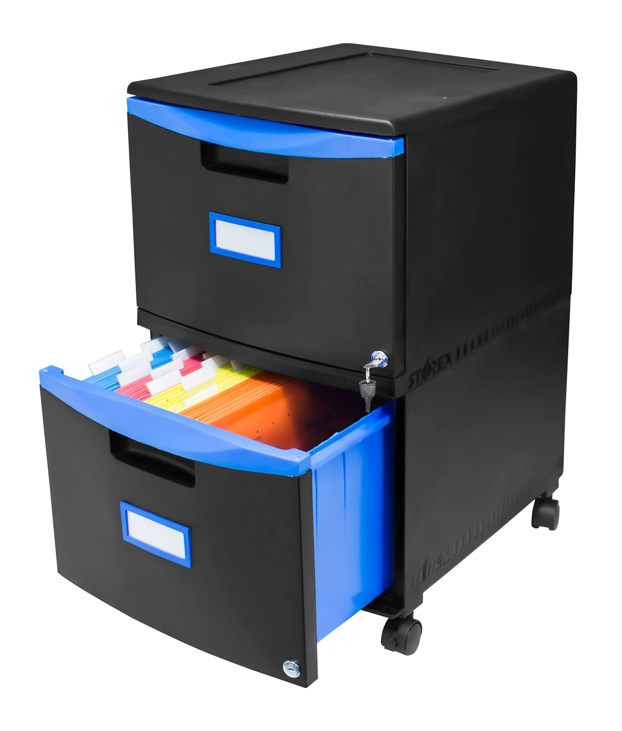 Storex Two-Drawer Mobile Filing Cabinet, 2 Legal/letter-Size File Drawers, Black/blue, 14.75 X 18.25 X 26