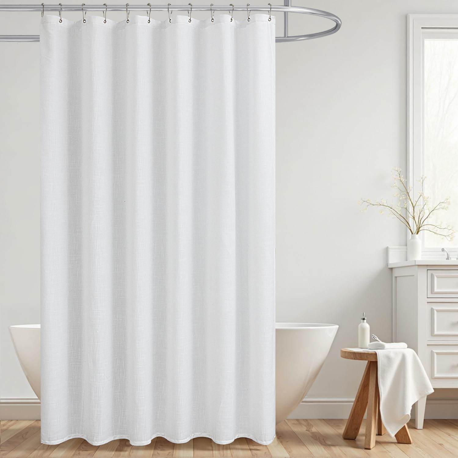 White Shower Curtain Fabric,Linen Washable Cloth Boho Farmhouse Sheer Semi Transparent Faux Cotton Textured Not See Through Simp