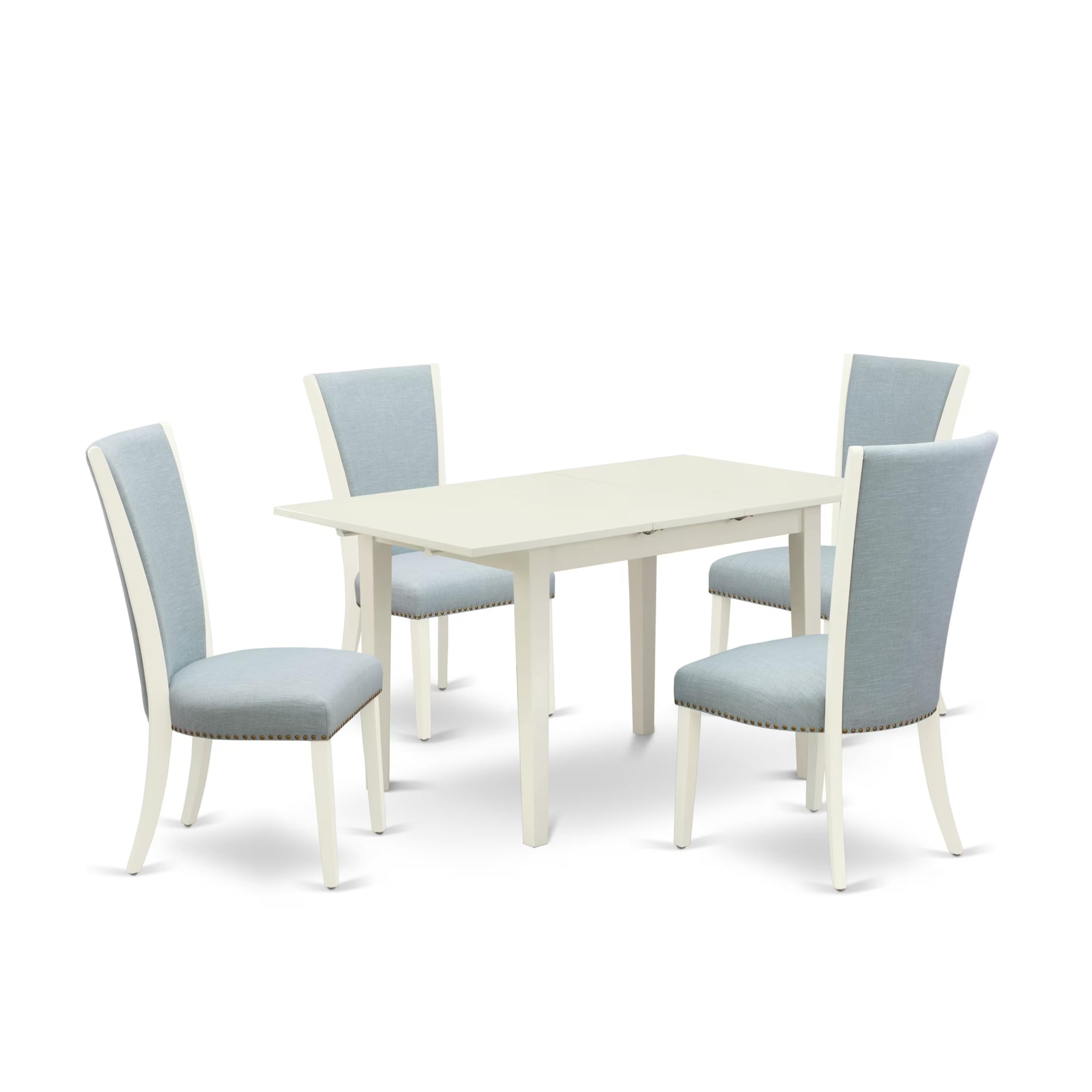 East West Furniture Nfve5-Lwh-15 5 Piece Modern Dining Table Set Includes A Rectangle Wooden Table With Butterfly Leaf And 4 Baby Blue Linen Fabric Parsons Chairs, 32X54 Inch, Linen White