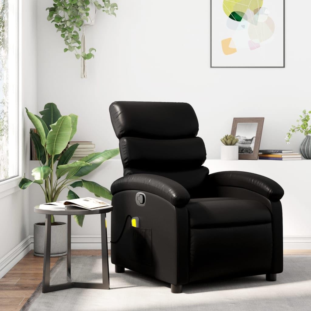 vidaXL Black Faux Leather Manual Recliner Chair with Vibration Massage Function, Adjustable Footrest and Backrest, Side Pocket, and Durable Wooden Frame