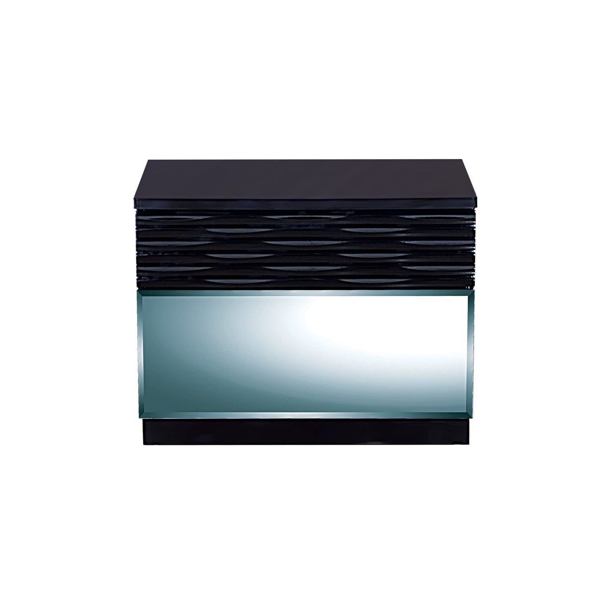 HomeRoots Rubberwood Modern Black Nightstand with Geometric Designed Panels 2 Drawers