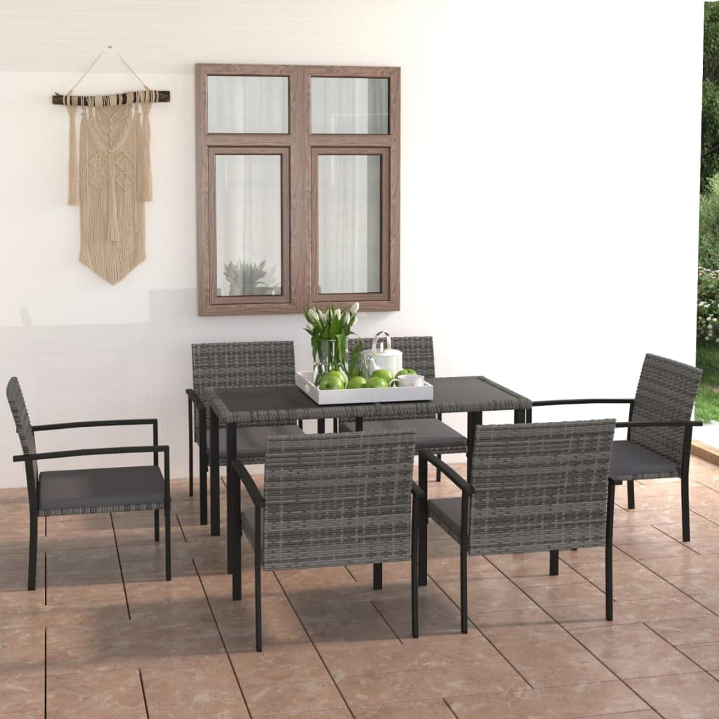 vidaXL 7 Piece Outdoor Dining Set - Sturdy Poly Rattan Construction, Weather-Resistant - Ideal for Gardens, Patio - Gray/Black