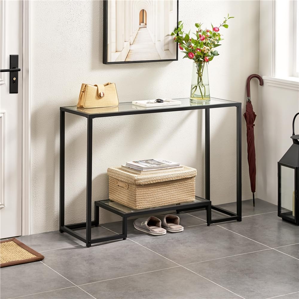 Yaheetech 42 Inch Console Table, Tempered Glass Entryway Table, 2-Tier Sofa Table With Storage Shelves, Entrance Table For Hallway Living Room, Black
