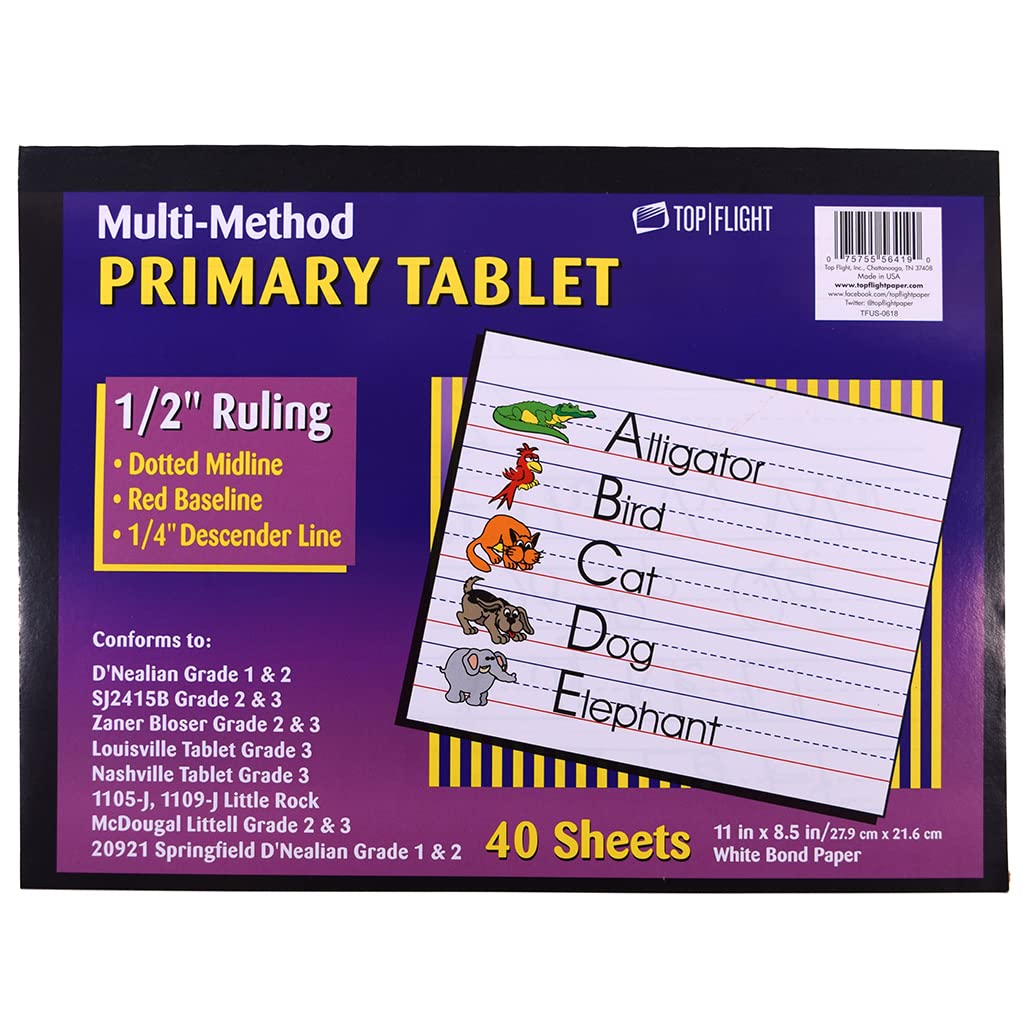 Top Flight Multi-Method 3Rd Grade Primary Tablet, 1/2 Inch Ruling, Bond Paper, 11 X 8.5 Inches, 40 Sheets (56419), White