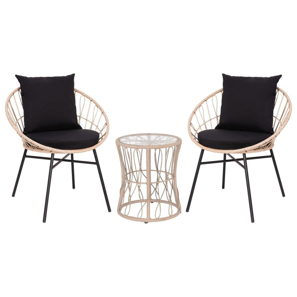 Flash Furniture Devon 3-Piece Indoor/Outdoor Bistro Set - Tan Finish Rattan Rope Papasan Style Chairs And Glass Top Side Table - Black Back And Seat Cushions