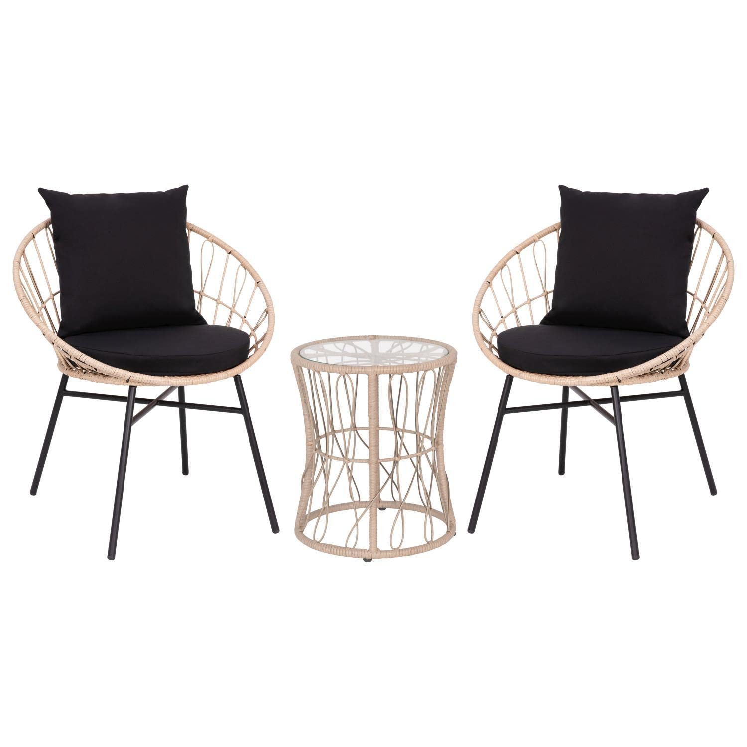 Flash Furniture Devon 3-Piece Indoor/Outdoor Bistro Set - Tan Finish Rattan Rope Papasan Style Chairs And Glass Top Side Table - Black Back And Seat Cushions