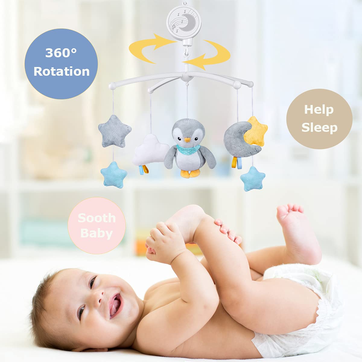 Baby Musical Mobile With Lullabies Music Box, Rotating Penguin Mobile Soother Crib Toy, Gift For Baby Nursery Bed Decoration For