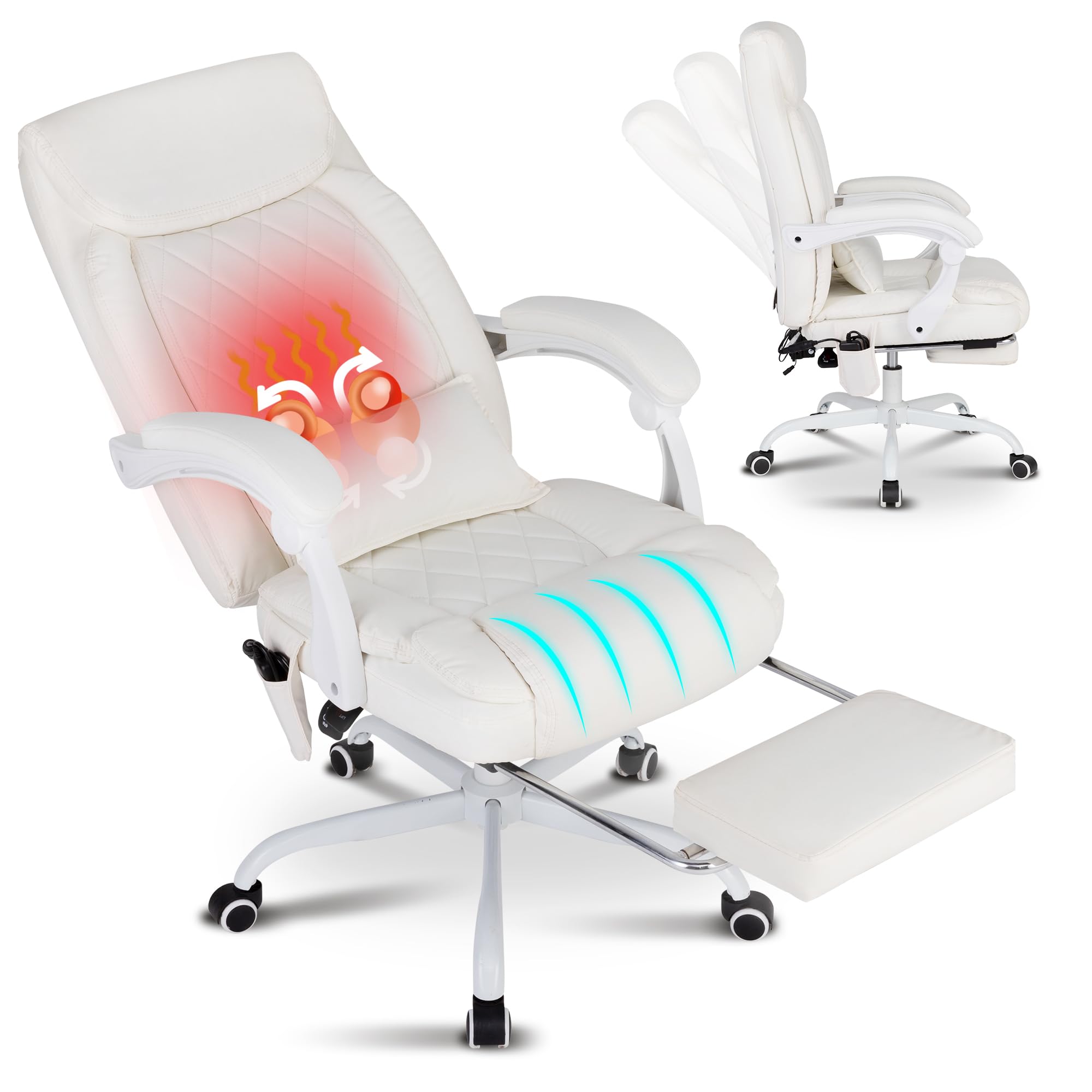 Bowthy Kneading Massage Executive Office Chair With Heated, 90-135 Reclining With Footrest,Diamond-Stitched Cushion Leather Chai