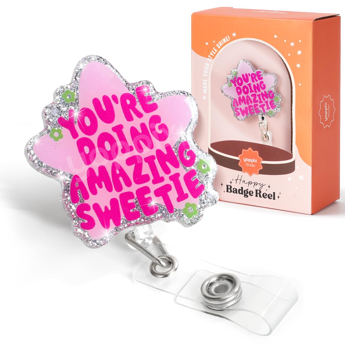 Yoppix You'Re Doing Amazing Sweetie, Mental Health Funny Sparkly Glitter Retractable Badge Reel For Nurses Rn En Doctor Paramedi