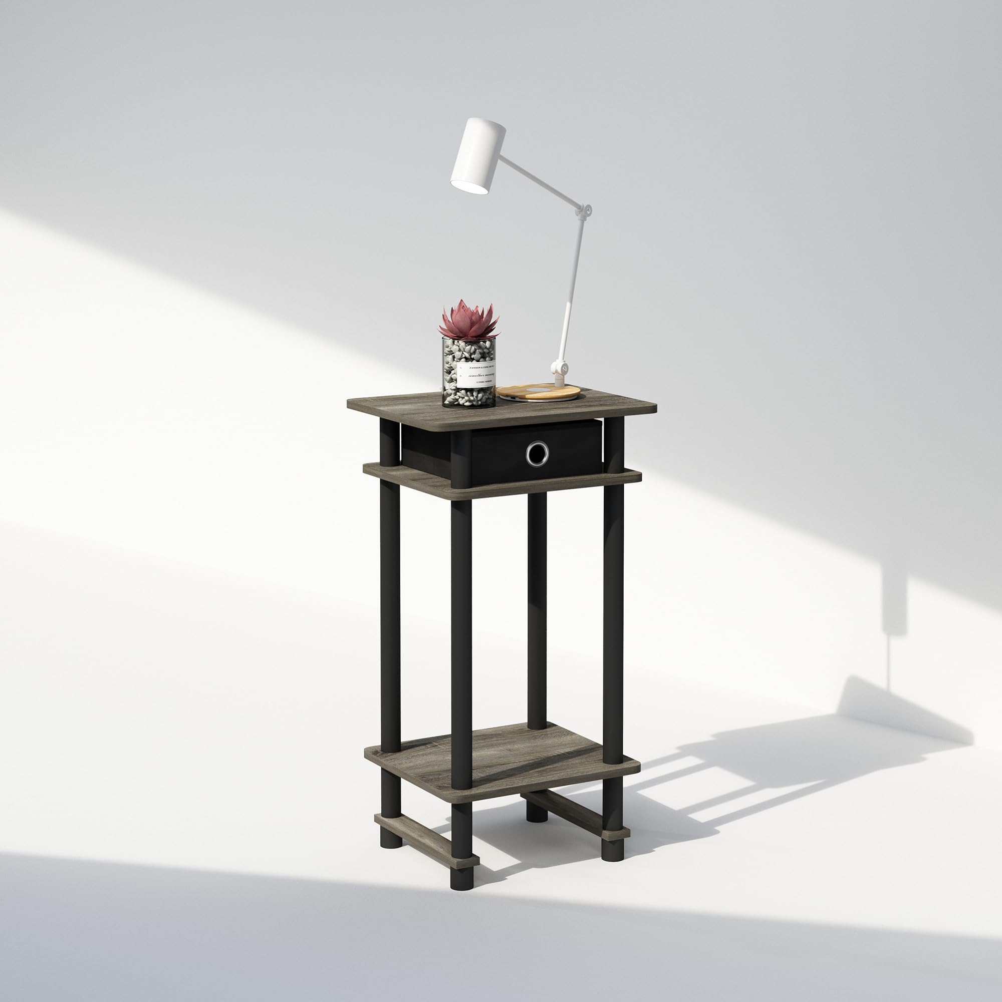 Furinno Turn-N-Tube Tall Nightstand With Bin, 1-Pack, Plastic Poles, French Oak/Black/Black