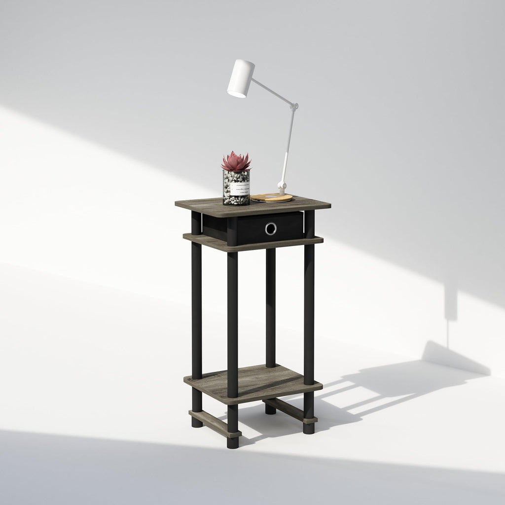 Furinno Turn-N-Tube Tall Nightstand With Bin, 1-Pack, Plastic Poles, French Oak/Black/Black