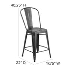 Flash Furniture Carly Commercial Grade 24" High Black Metal Indoor-Outdoor Counter Height Stool with Back and Black Polystyrene Seat