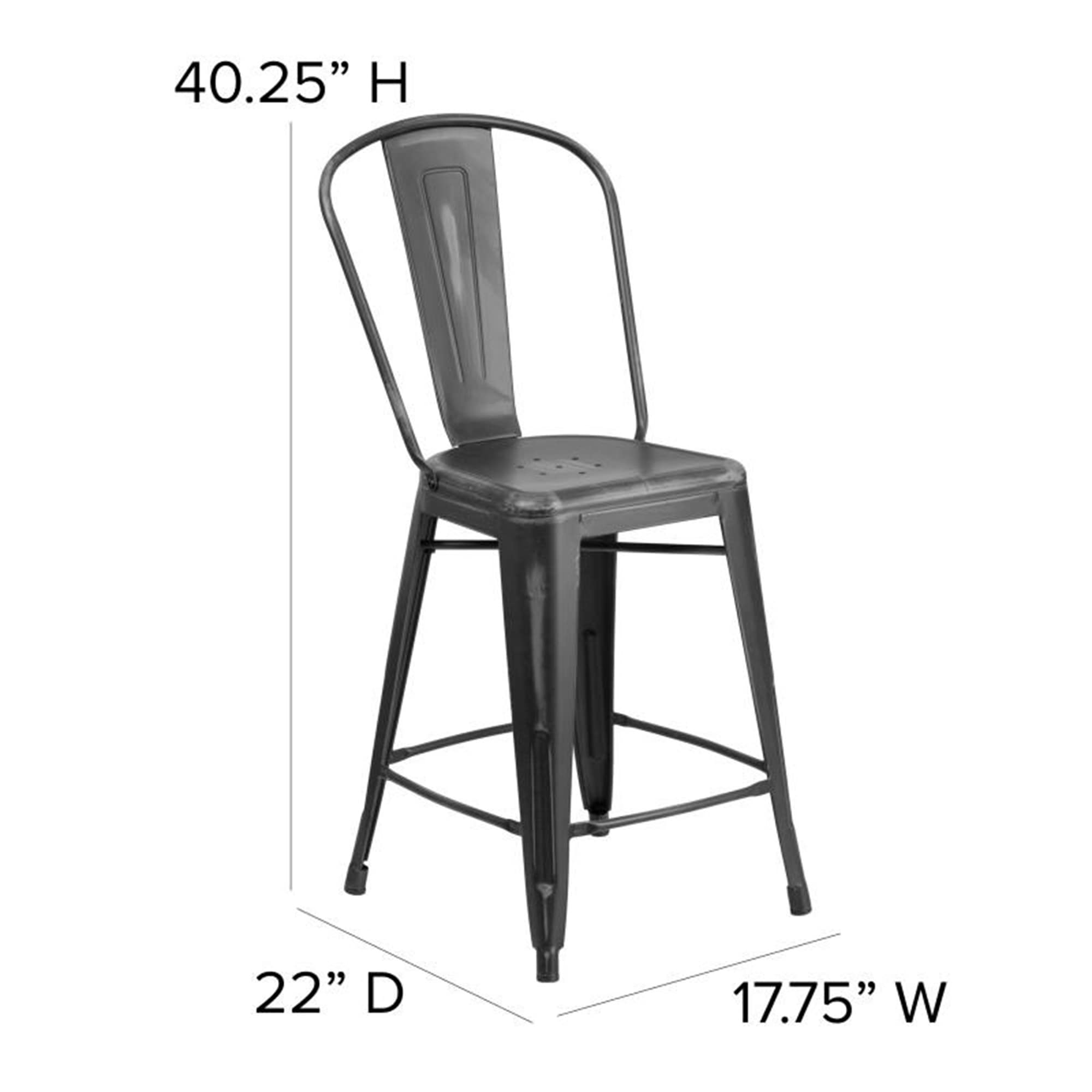 Flash Furniture Carly Commercial Grade 24" High Black Metal Indoor-Outdoor Counter Height Stool with Back and Black Polystyrene Seat