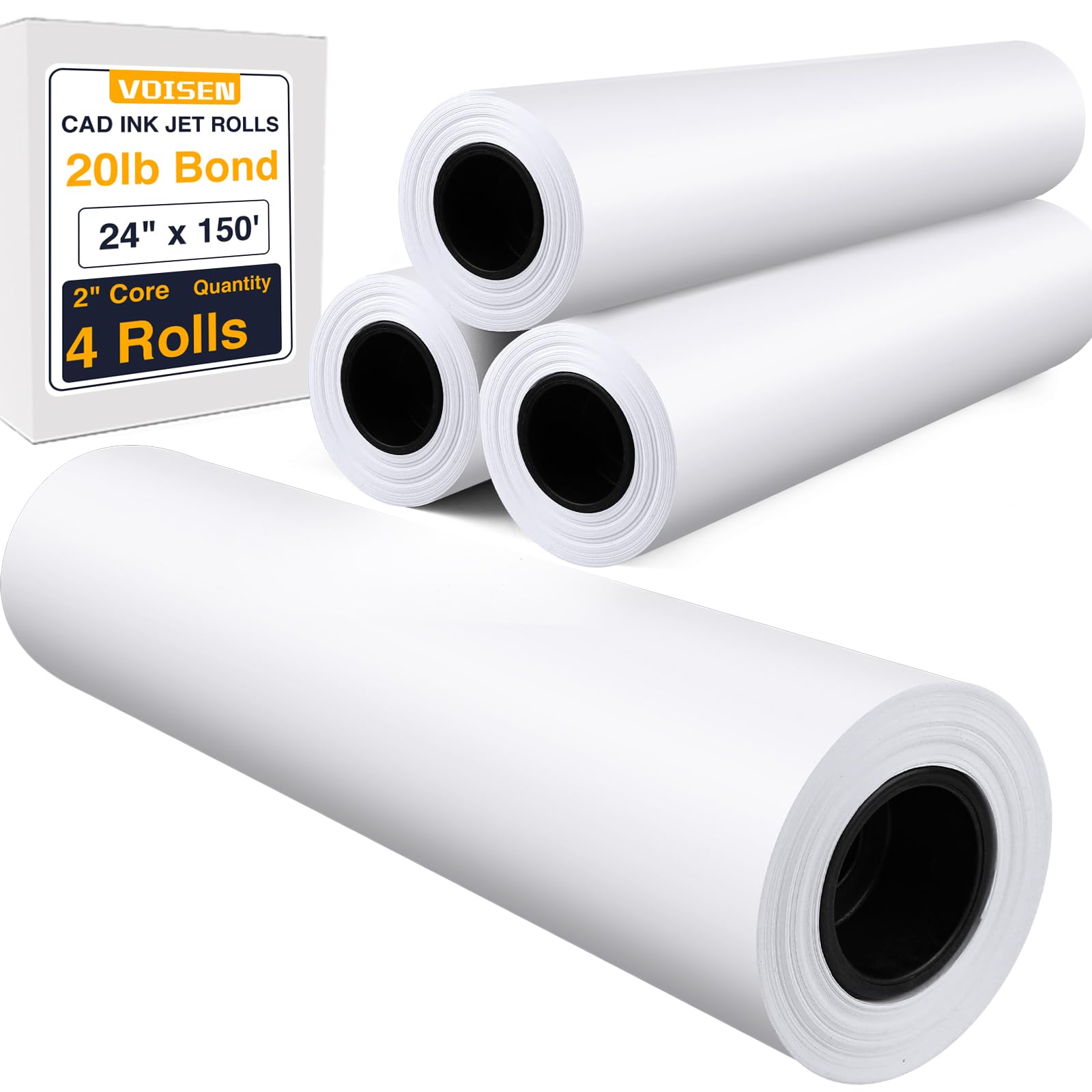Voisen Wide Format Paper,Plotter Paper 24 In X 150 Ft 2 Rolls, Cad Bond Rolls,20Lb Bond Paper On 2' Core For Cad Printing On Wi