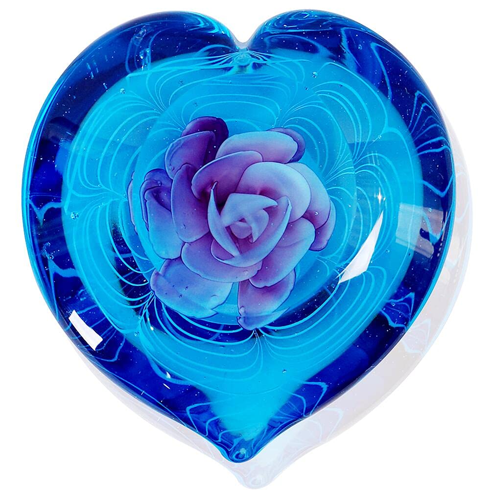 Hand Blown Glass Heart Flower Paperweight For Office Desk,Home Decor Collectible.