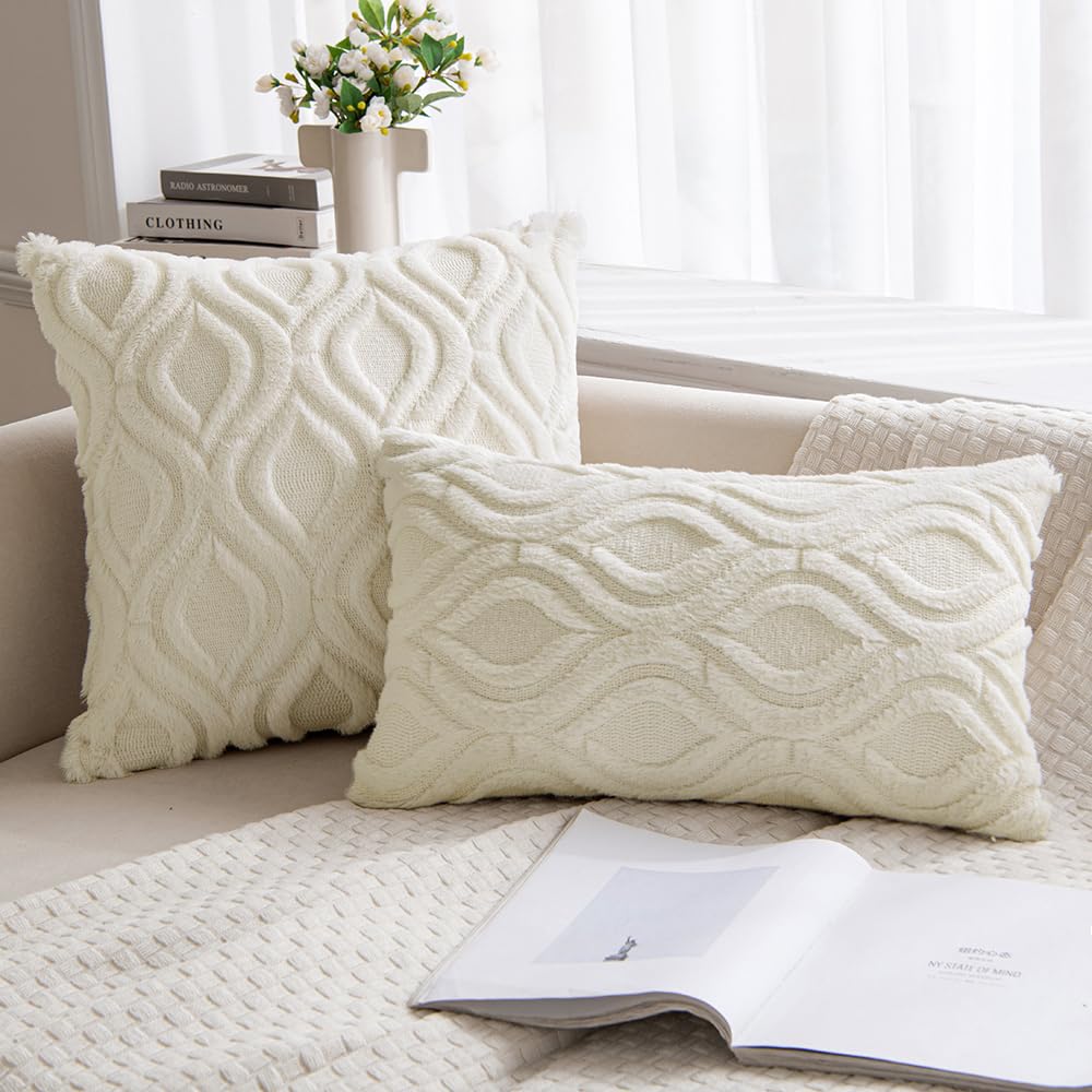 Miulee Cream White Throw Pillow Covers 16X16 Inch, Soft Winter Plush Faux Wool Couch Pillow Covers Set Of 2 Decorative Farmhouse Boho Throw Pillows For Sofa Living Room Bed