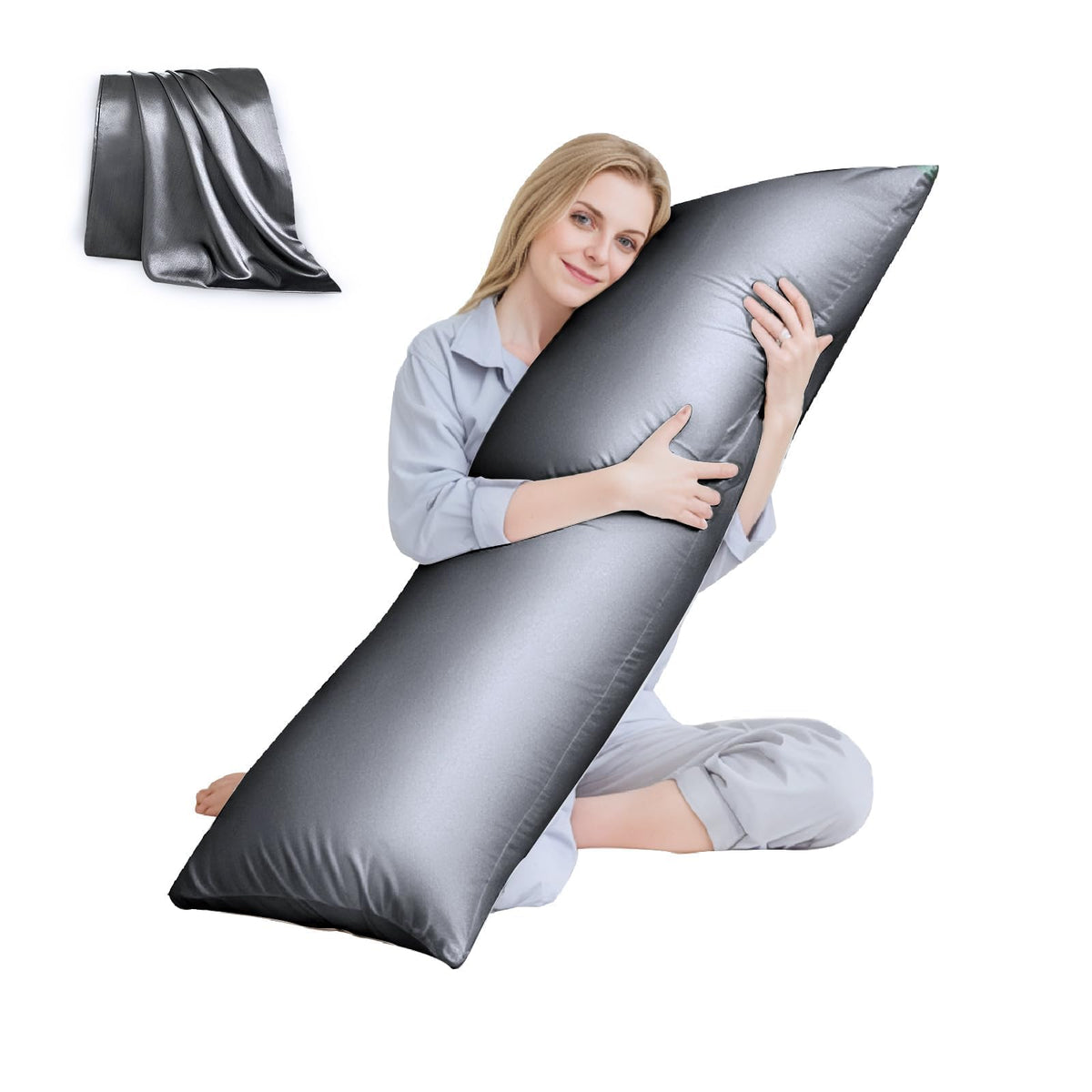 Huxmeyson Body Pillow With Satin Pillowcase, Cooling Body Pillows For Adults, Long Pillow For Bed With Removable Cover, Grey (20