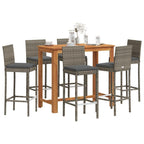 vidaXL 7-Piece Outdoor Patio Bar Set - Gray Acacia & Poly Rattan, Cushioned Stools