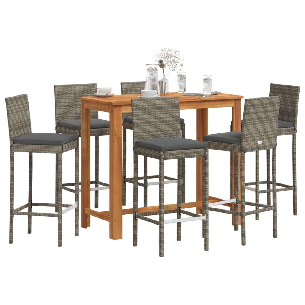 vidaXL 7-Piece Outdoor Patio Bar Set - Gray Acacia & Poly Rattan, Cushioned Stools