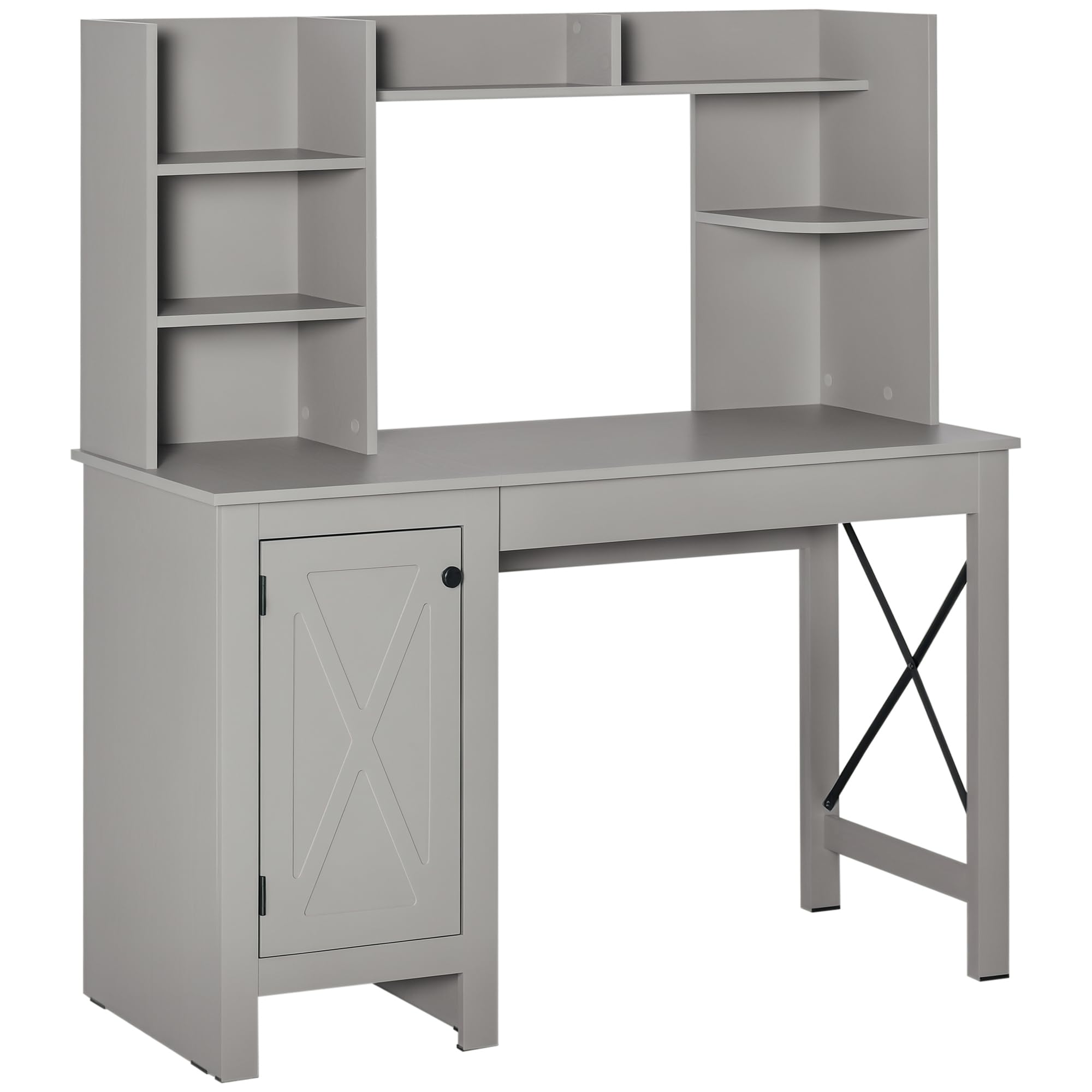 HOMCOM Farmhouse Computer Desk with Hutch and Cabinet, Home Office Desk with Storage, for Study, Light Grey