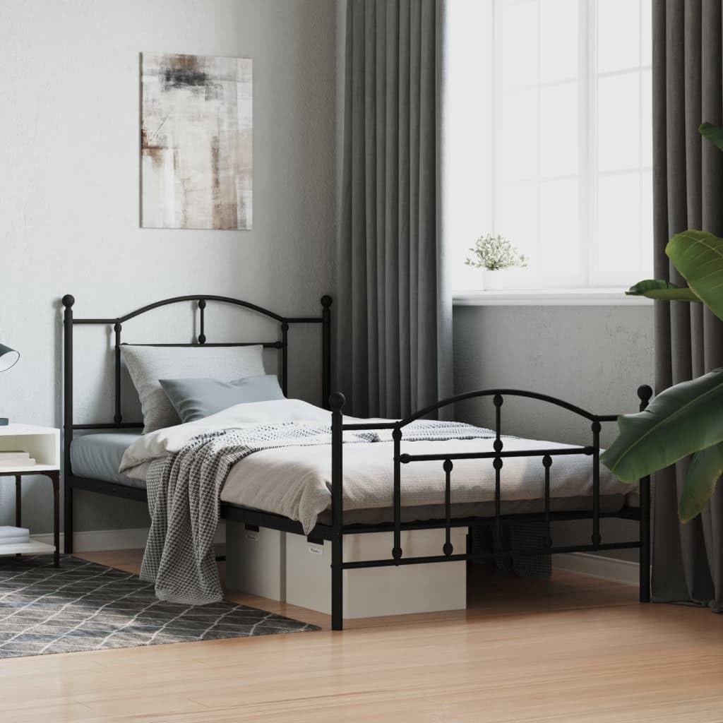 vidaXL Modern Metal Bed Frame with Classic Design Headboard and Footboard, Durable Steel Construction, Extra Storage Underneath - Black, 39.4x78.7 Inches.